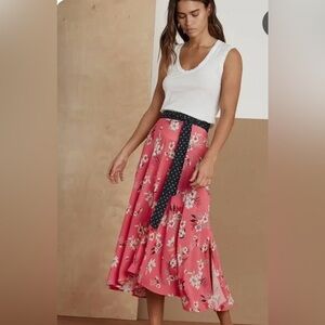 Velvet By Graham & Spencer Susannah Pink Floral Challis Midi Skirt L